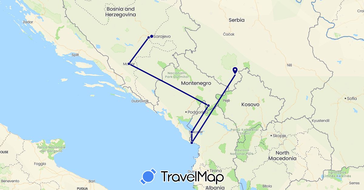 TravelMap itinerary: driving in Albania, Bosnia and Herzegovina, Montenegro, Serbia (Europe)